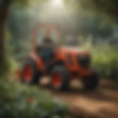 A compact tractor efficiently working in a horticultural setting