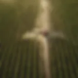 Aerial view of a farm being sprayed with agricultural equipment
