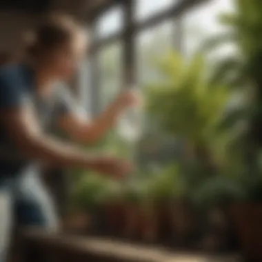 A person applying insecticidal soap to indoor plants