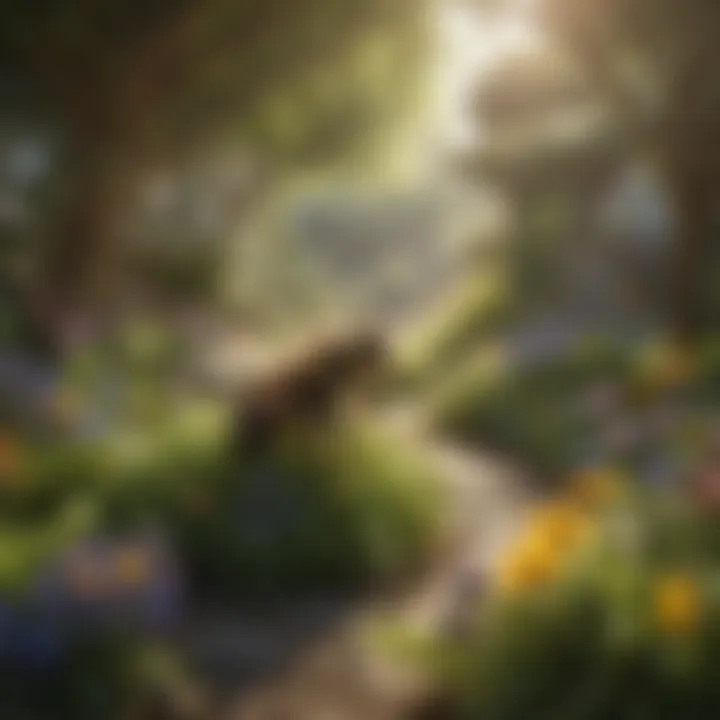 A lush garden with various plants designed to attract and support bee populations, representing conservation efforts.