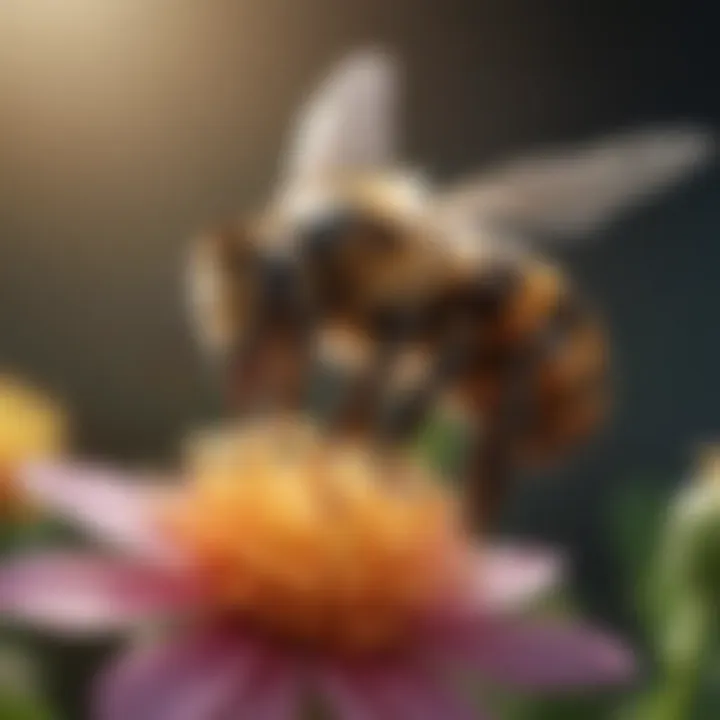 A close-up of a bee pollinating a flower, emphasizing the importance of pollinators in agriculture.