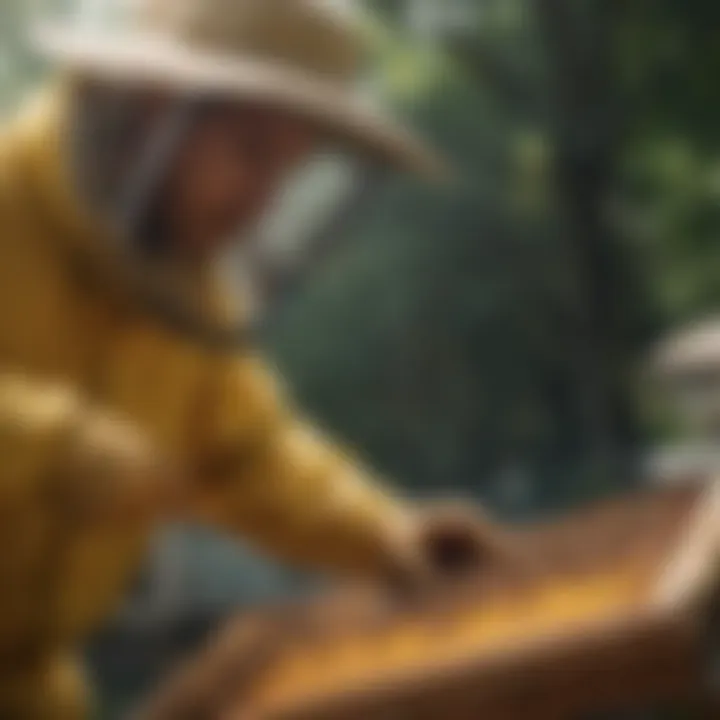 A beekeeper inspecting a hive, showcasing the intricate details of bee management.