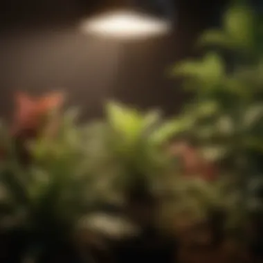 Full Spectrum LED Bulb Effect on Plant Growth A close-up view of a full spectrum LED grow light bulb illuminating vibrant plants.