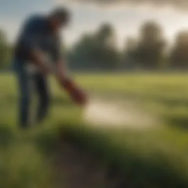 A farmer applying herbicide in a field with dallisgrass infestation