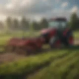 A powerful tractor equipped with a brush hog in a lush field