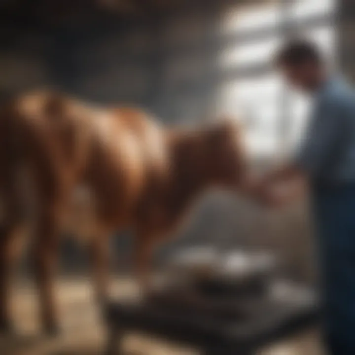 A technician calibrating a cattle weighing scale for accuracy