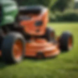 A close-up of a low-cost riding lawn mower on a lush green lawn