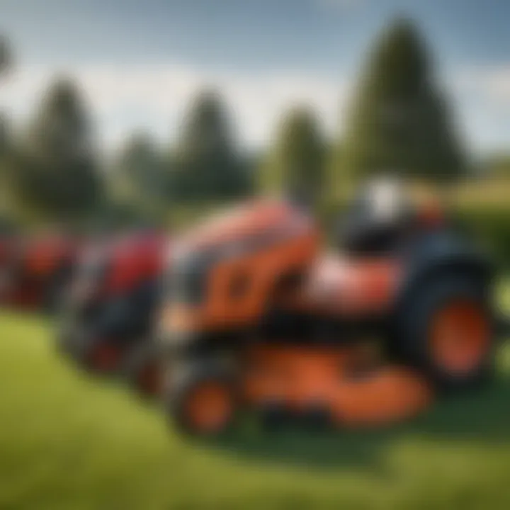 An overview of various models of riding lawn mowers lined up for comparison