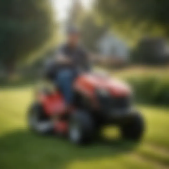 A person using a riding lawn mower, showcasing its ease of use