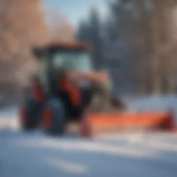 A powerful tractor equipped with a commercial snow blower clearing a driveway.