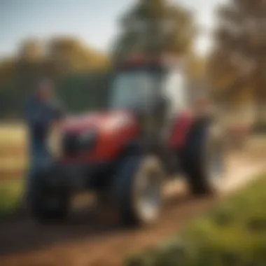 Farmers Exploring Agricultural Equipment Farmers engaging with agricultural machinery at a dealer
