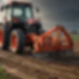 Detailed view of a tractor equipped with bucket forks in a field