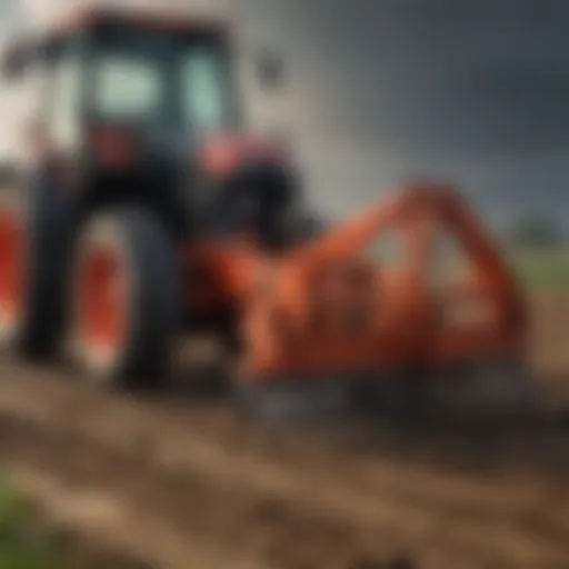 Detailed view of a tractor equipped with bucket forks in a field