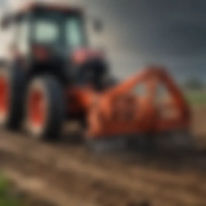 Detailed view of a tractor equipped with bucket forks in a field