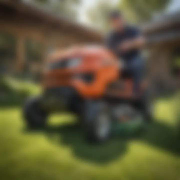 A mechanic examining a lawn mower with tools laid out, emphasizing repair techniques