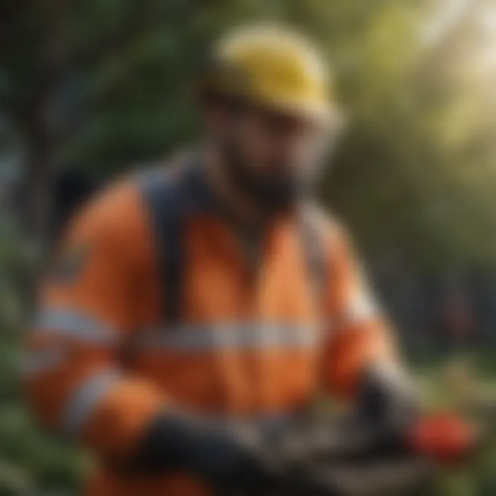 A safety demonstration showing protective gear while working on garden equipment