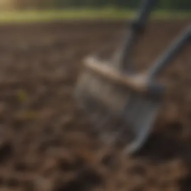 Close-up of a soil leveling rake working on a field.