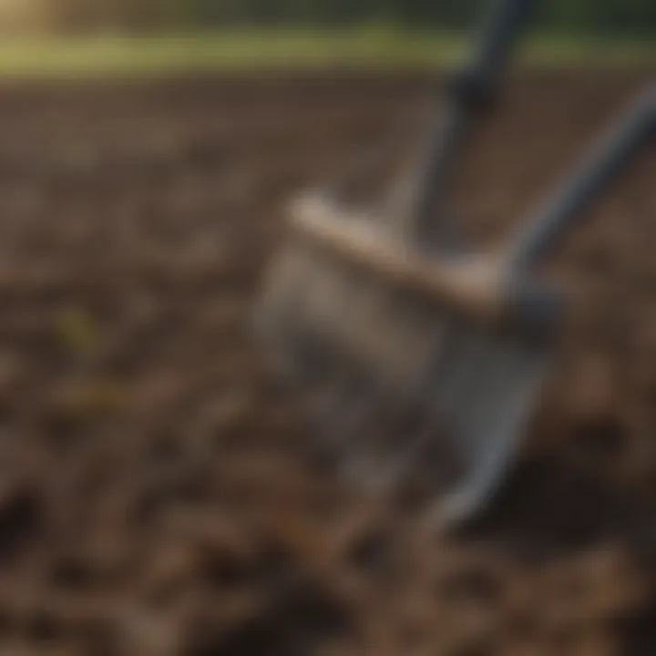 Close-up of a soil leveling rake working on a field.