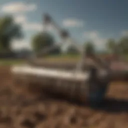 An array of soil leveling rakes displayed in a sunny field.