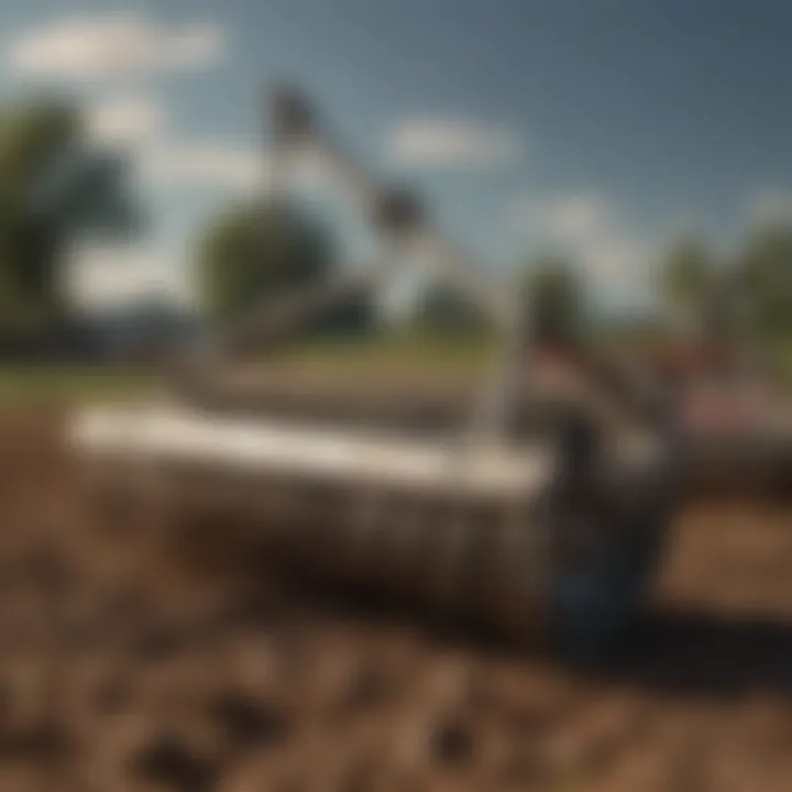 An array of soil leveling rakes displayed in a sunny field.