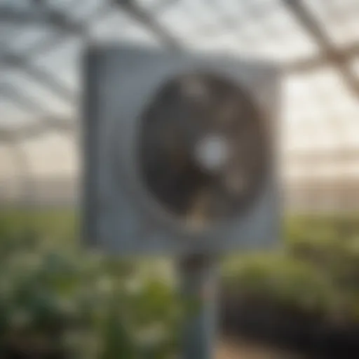 Exterior view of a shutter mounted exhaust fan installed in a greenhouse