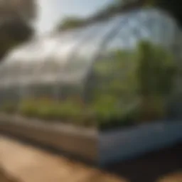 Close-up of a greenhouse cover on a raised garden bed, showcasing the clarity of the material and sunlight filtration.