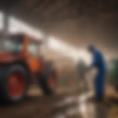 Workers applying disinfectants to equipment