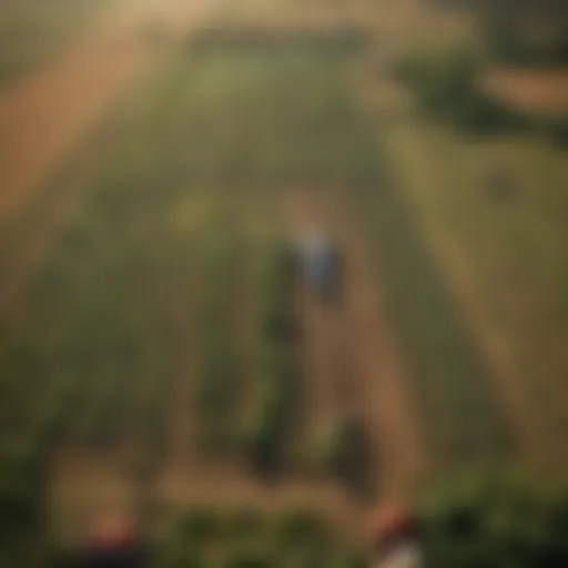 Aerial view of an optimally designed farm layout showcasing diverse crop zones and sustainable practices
