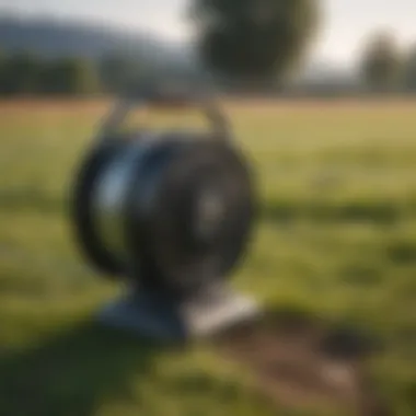 Electric fencing reel in a pasture setting demonstrating its use in livestock management.