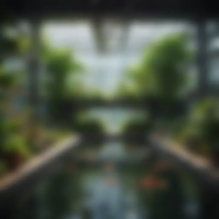 A lush aquaponics setup with fish and plants coexisting symbiotically.