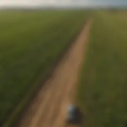 Aerial view of vast agricultural fields with crops treated with herbicides