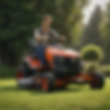 A person examining a lawn mower for quality before purchase