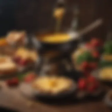 Melted Cheese Fondue Experience A rich and creamy fondue pot surrounded by an assortment of dippable items.