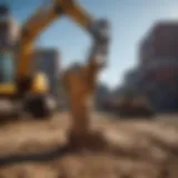 Backhoe hammer attachment in action on a construction site.