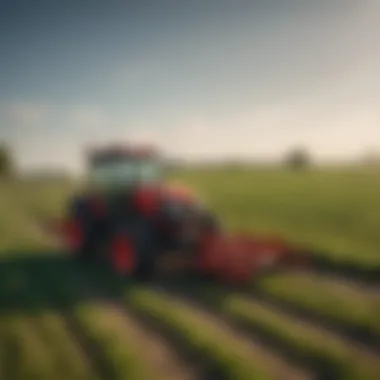 A tractor towing a robust mower across a vast field