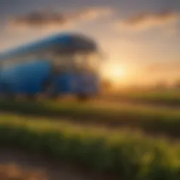 A bluebird bus parked in an agricultural field during sunset.