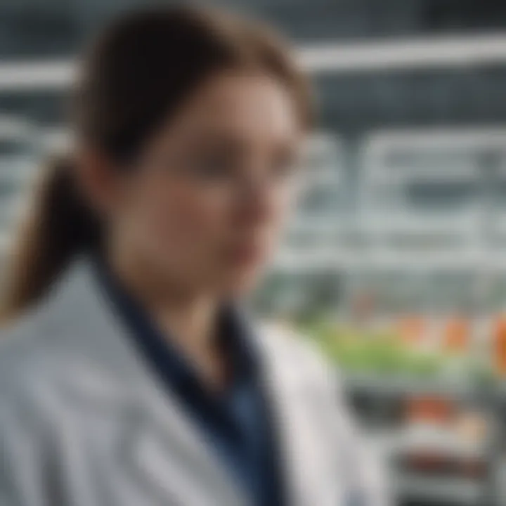 A researcher analyzing data in an agricultural laboratory.