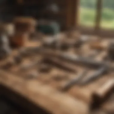 Close-up of agricultural tools on rustic wooden table