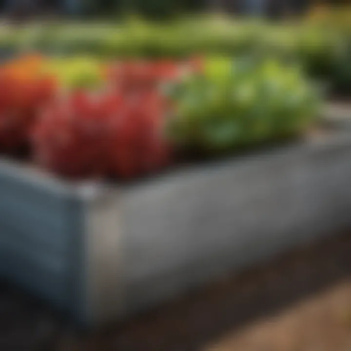 Close-up of soil and plants thriving in a galvanized raised bed