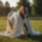A horse wearing a fly sheet in a sunny pasture