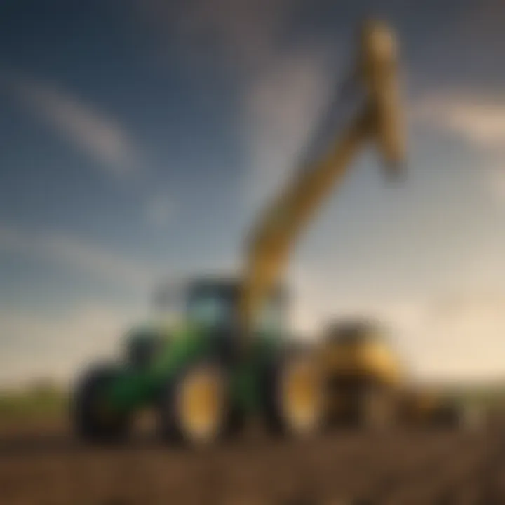 Different sizes of John Deere backhoes in a field