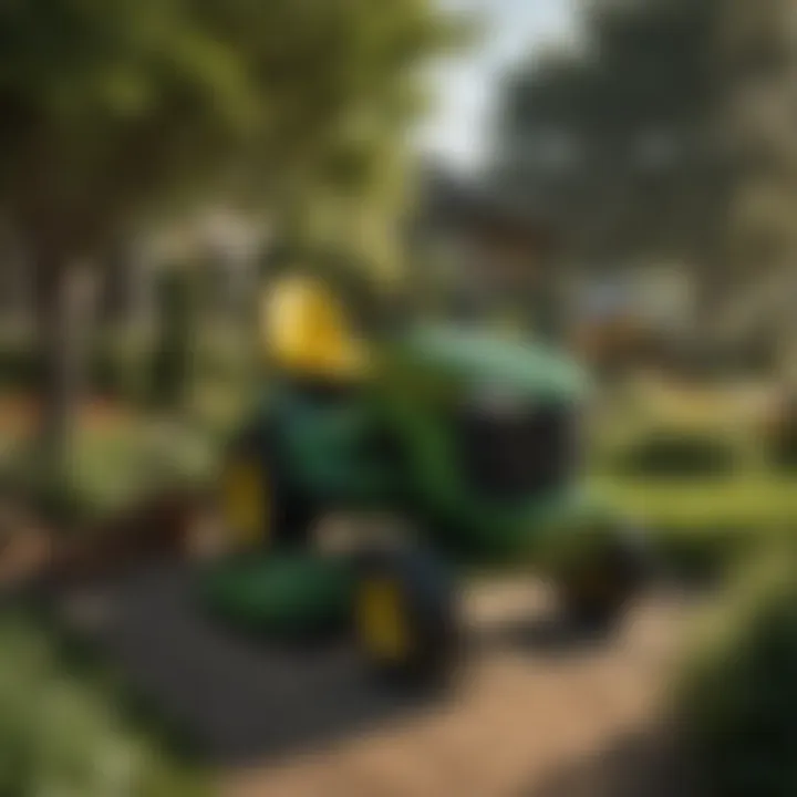 John Deere lawn tractor trailer in use in a garden setting, demonstrating its functionality.