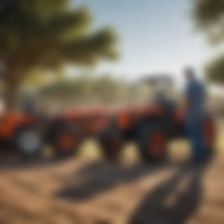 Farmers discussing equipment options in a sunny outdoor setting