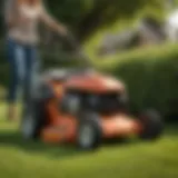 A robust walk-behind lawn mower on a lush green lawn