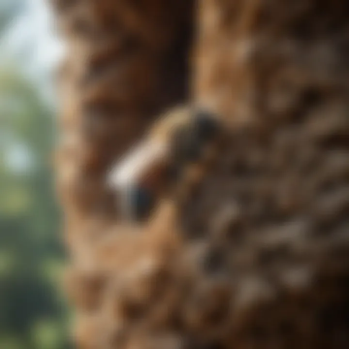Close-up of a mason bee nesting in a natural structure.