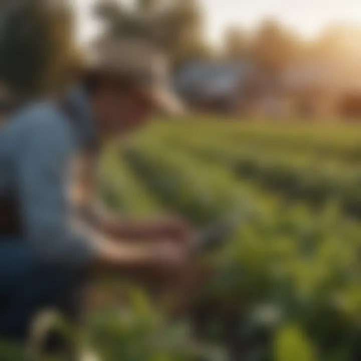 A farmer inspecting crops on a rent-to-own farm