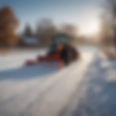 A sub compact tractor efficiently clearing snow on a farm road during winter