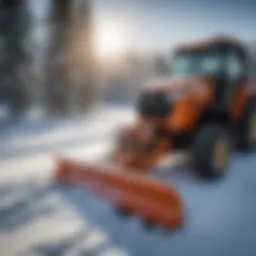 A close-up view of a snow plow attachment on a sub compact tractor in a snowy landscape