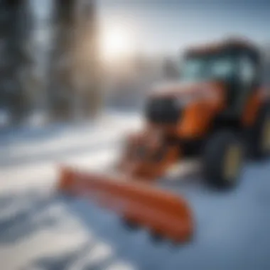 A close-up view of a snow plow attachment on a sub compact tractor in a snowy landscape