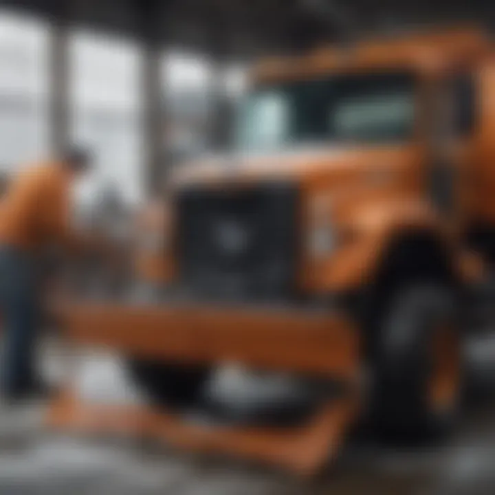 An individual performing maintenance on a snow plow mechanism in a workshop setting